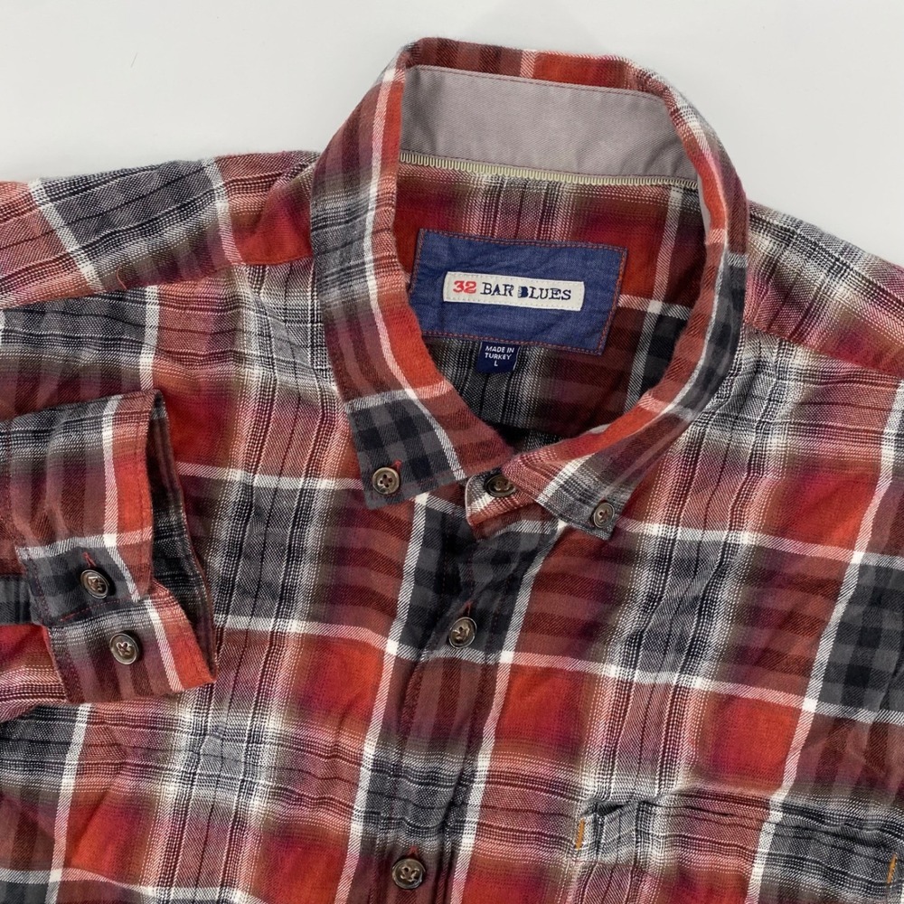 32 Bar Blues Button Down Men L Red Plaid Cotton Long Sleeve Shirt